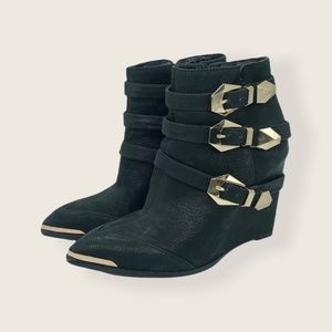 Vince Camuto Leather Bootie Gold Buckle Wedge Boot
